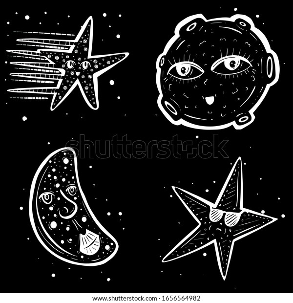 Collection of Cartoon Moon and Star\
Characters in White and Black Vector\
Illustrations