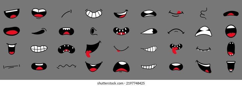 Collection of cartoon mouths with different face expression for characters in doodle design