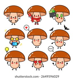 A collection of cartoon mushrooms with diverse expressions and emotions, ideal for fun and whimsical designs.