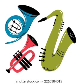 collection of cartoon music instruments. Saxophone Trumpet Vector illustration