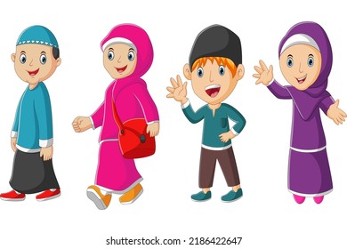 Collection of cartoon Muslim people on illustration on a white background. Vector illustration