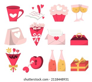 Colección de objetos de dibujos animados en el día de San Valentín con copa de vino, calendario, ramo, carta, anillo, candado y clave para diseñador gráfico, ilustración vectorial