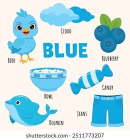 Collection of cartoon objects for learning blue color