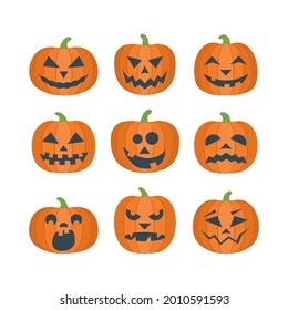 Collection of cartoon orange pumpkins with funny carving scary smiling faces. Decorative elements lanterns for Halloween. Vector flat design illustration