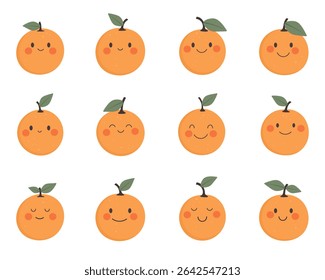 A collection of cartoon oranges with cute facial expressions and green leaves.
