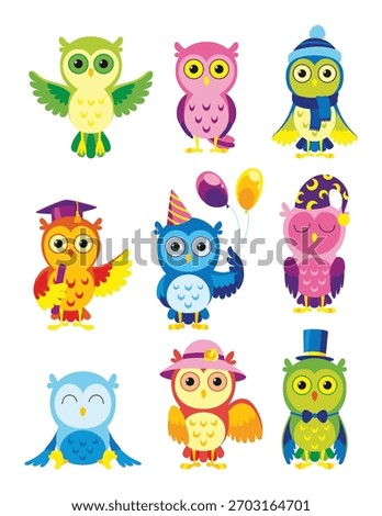 Collection of cartoon owls designed especially for kids and children