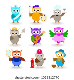 Collection cartoon owls of different professions. Doctor, painter, waiter, builder, guitarist, ballerina, tennis player, fireman, farmer.