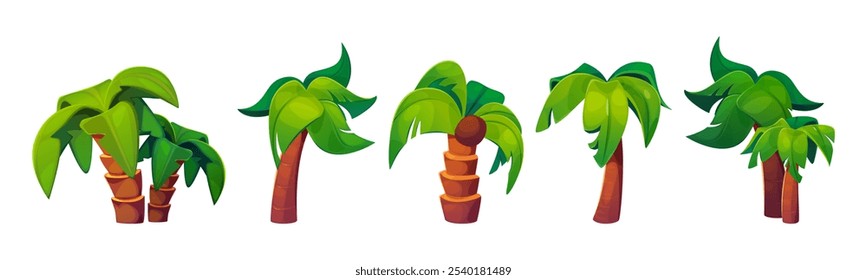 Collection of cartoon palm tree designs for video games. Different styles with bright green leaves, brown segmented trunks and coconut. Various shapes of tropical elements for tropical landscapes.