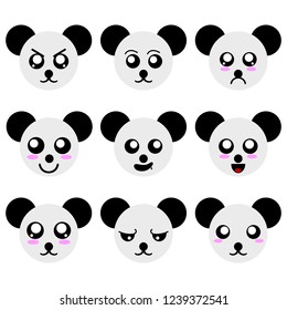 Collection of Cartoon Panda Faces isolated on white background. Different Emotions, Expressions. Vector Illustation for Your Design, Game, Card.