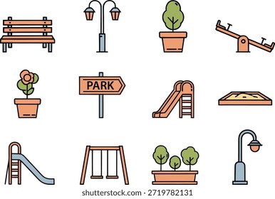 Colección de Elementos de parque de dibujos animados que incluyen bancos, postes de luz, plantas en macetas, equipos de juegos infantiles y un letrero del parque sobre un fondo blanco.