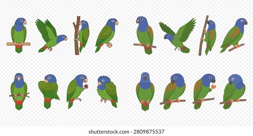 A collection of cartoon parrots in various poses, including sitting, flying, and eating, showcasing their vibrant green and blue plumage.