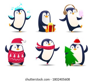 Collection of cartoon penguin. Christmas Penguins on white backdround. Illustration for greeting card template. Cute cartoon Christmas penguins in different emotions. Vector illustration