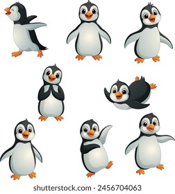 Collection of cartoon penguin isolated on white background 