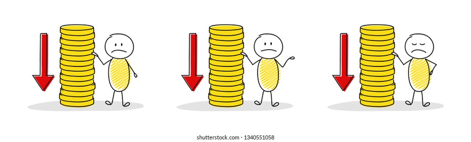 Collection of cartoon people with coin stacks and down arrows. Vector