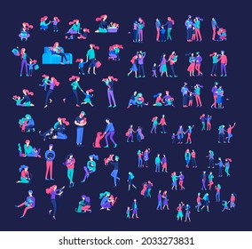 Collection of cartoon people. Family spend time together, happy parents with children. Business team and office workers. Couple at home and people with pets. Vector