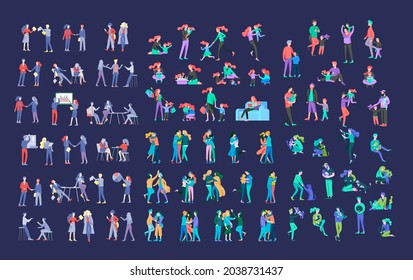 Collection of cartoon people. Family spend time together, happy parents with children. Business team and office workers. Couple at home and people with pets. Vector