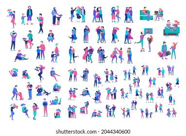 Collection of cartoon people. Family spend time together, happy parents with children. Business team and office workers. Couple at home and people with pets. Vector