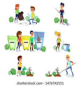 collection of cartoon people picking up trash on white background