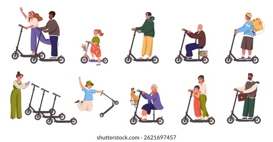 Collection of cartoon people riding electric scooters isolated on white background. Set of young and old men, women and children on modern personal vehicles, kick-scooter. Flat vector illustration.