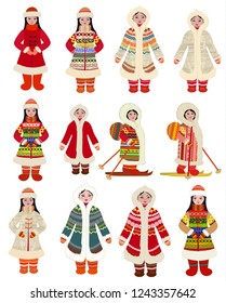 collection cartoon pictures of girls in traditional costume of northern peoples