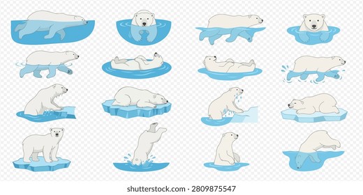 A collection of cartoon polar bears in various poses, swimming and resting on ice floes in blue water.