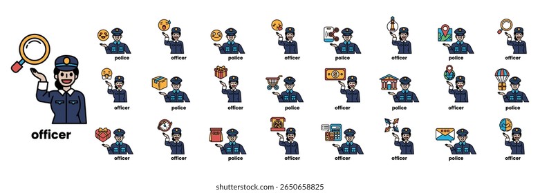 A collection of cartoon police officers in various poses and uniforms. Some of the officers are holding a ring, while others are holding a ball. The images are in different colors and sizes