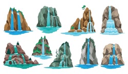 Collection Of Cartoon River Cascade Waterfalls. Landscapes With Mountains And Trees. Design Elements For Travel Brochure Or Illustration Mobile Game. Fresh Natural Water