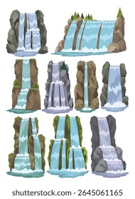 Collection of cartoon river cascade waterfalls. Landscapes with mountains and trees. Design elements for travel brochure or illustration mobile game. Fresh natural water