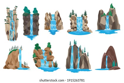 Collection of cartoon river waterfalls. Landscapes with mountains and trees. Design elements for travel brochure or illustration mobile game. Fresh natural water