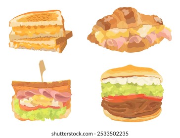 Coleção de desenho animado Sanduíche com pão redondo, queijo, tomate, alface, carne, abacate, pão torrado. Ilustração de comida saborosa do vetor isolada no branco.