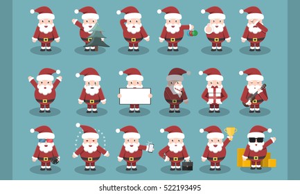 Collection of cartoon Santa Claus character in different situations and poses. Concept of Christmas and Happy New Year.