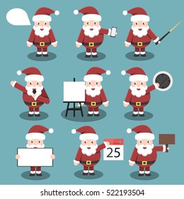 Collection of cartoon Santa Claus character in responsive and business poses. Concept of Christmas and Happy New Year.