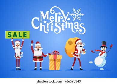 Collection of cartoon Santa Clause icons with funny smile and letterring. Vector illustration