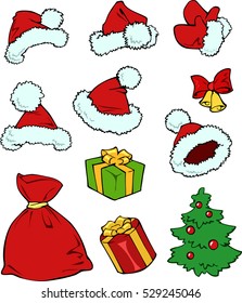 Collection of cartoon santa red hats, gloves, christmas decorations and gifts