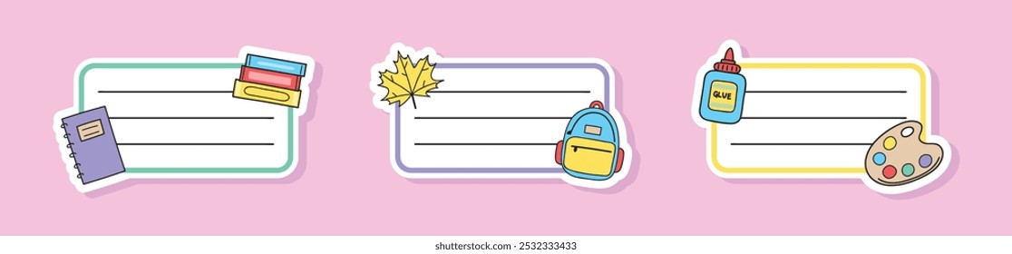 Collection of a cartoon school notebook labels. Vector illustration