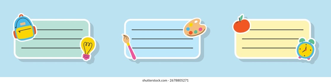 Coleção de etiquetas de um caderno escolar de desenhos animados. Ilustração vetorial