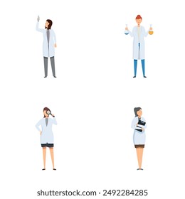 Collection of cartoon scientists in various poses, illustrating scientific research activities