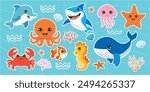 A collection of cartoon sea creatures including a whale, octopus, and starfish. Scene is lighthearted and playful