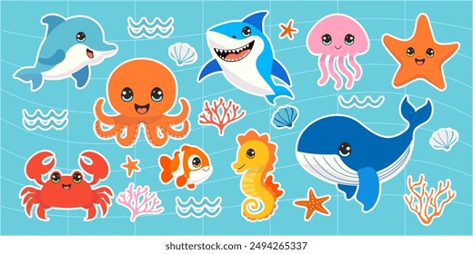 Una colección de criaturas marinas de dibujos animados, incluyendo una ballena, pulpo y estrella de mar. La escena es alegre y juguetona