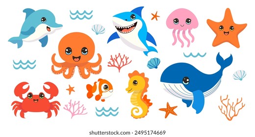 A collection of cartoon sea creatures including a crab, octopus, fish, and starfish. Scene is lighthearted and playful