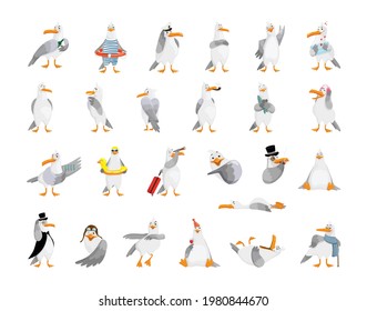 Collection of cartoon seagulls to create stickers, prints, emojis.