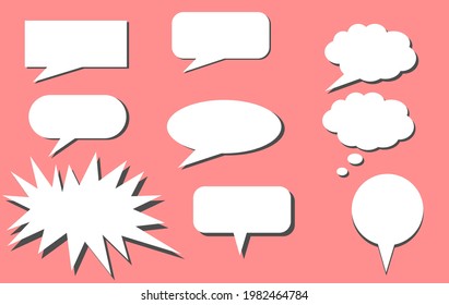Collection cartoon set of white empty bubble speech in pink background. Conversation and chatting box with simple shadow like paper design at behind. Blank text template for speak something.
