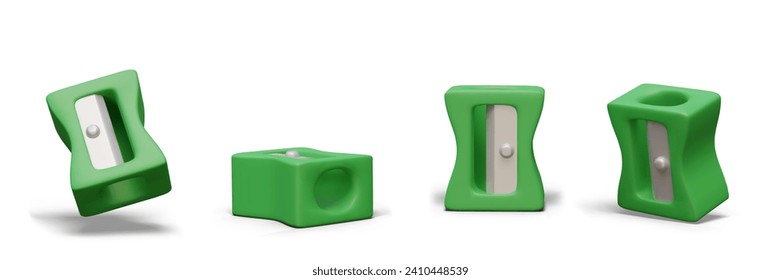 Collection of cartoon sharpener device in different positions in green colors