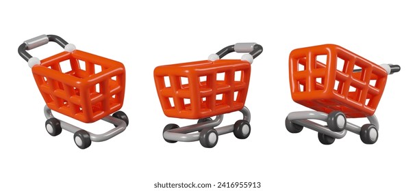 Colección con carro de la compra de dibujos animados en diferentes posiciones. Equipo de supermercado en colores rojos. Ilustración vectorial en estilo 3d con fondo blanco