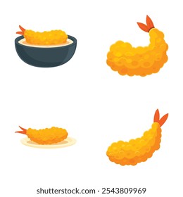 Collection of cartoon shrimp tempura in different presentations, isolated on white