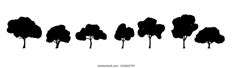 Collection of cartoon silhouette black trees illustrations. Can be used to illustrate any nature or healthy lifestyle or ecology theme. 