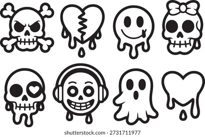 Collection of cartoon skulls and ghost illustrations featuring different emotions and accessories, ideal for graphic design and creative projects inspiration with melting effects and bold black outlines.