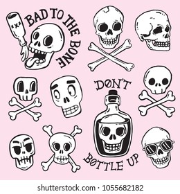 A collection cartoon skulls in various styles  Vector illustrations 