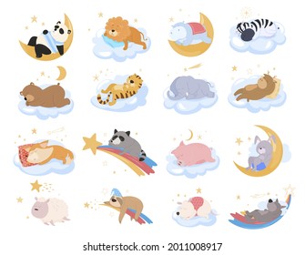 Collection Of Cartoon Sleeping Animals Vector Flat Illustration. Set Of Funny Asleep Relaxing Pets And Wild Animal Lying On Pillow, Cloud, Halfmoon, Star Way Surrounded By Night Sky Isolated On White