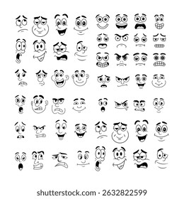Collection of Cartoon Smile and Expression Faces Line Art 